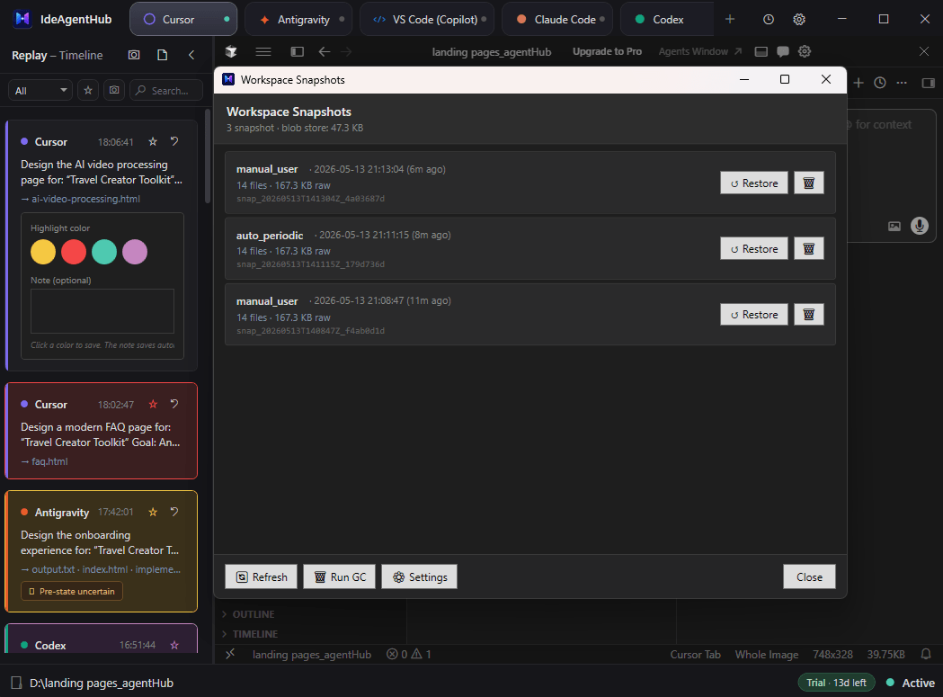 IDEAgentHub workspace snapshots: timeline of automatic and manual safety captures, each restorable to a full known-good state in one click before AI refactors go sideways.