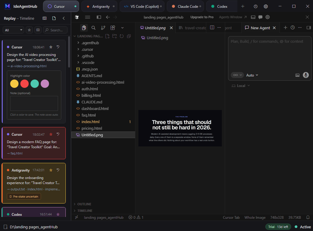 IDEAgentHub timeline panel: AI turns from Cursor, Claude Code, Antigravity, Codex, and VS Code (Copilot) in a single searchable, color-coded feed.
